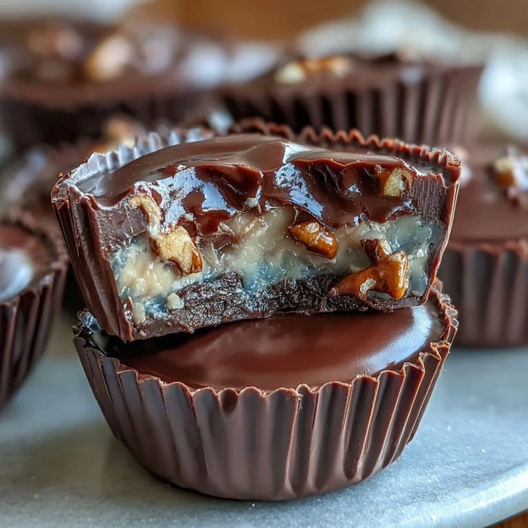 A side view of crunchy pretzel homemade peanut butter cups showcasing the layered pretzel base and rich chocolate coating.