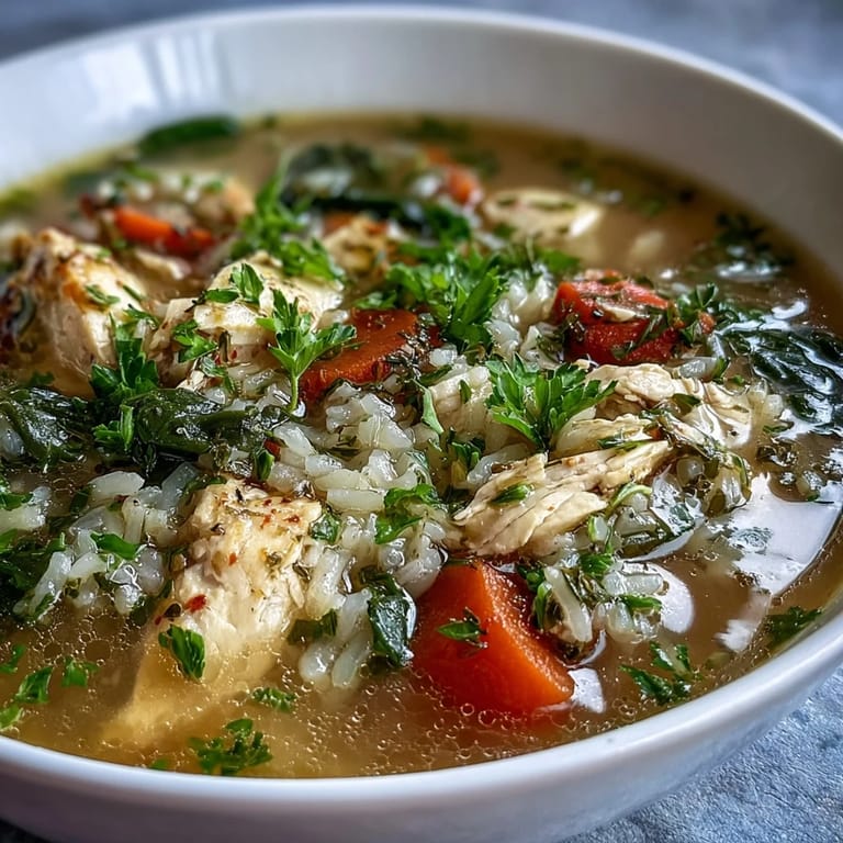 Wholesome chicken and rice soup with vibrant carrots, celery, and spinach simmering in a rich, nourishing broth for a comforting meal.