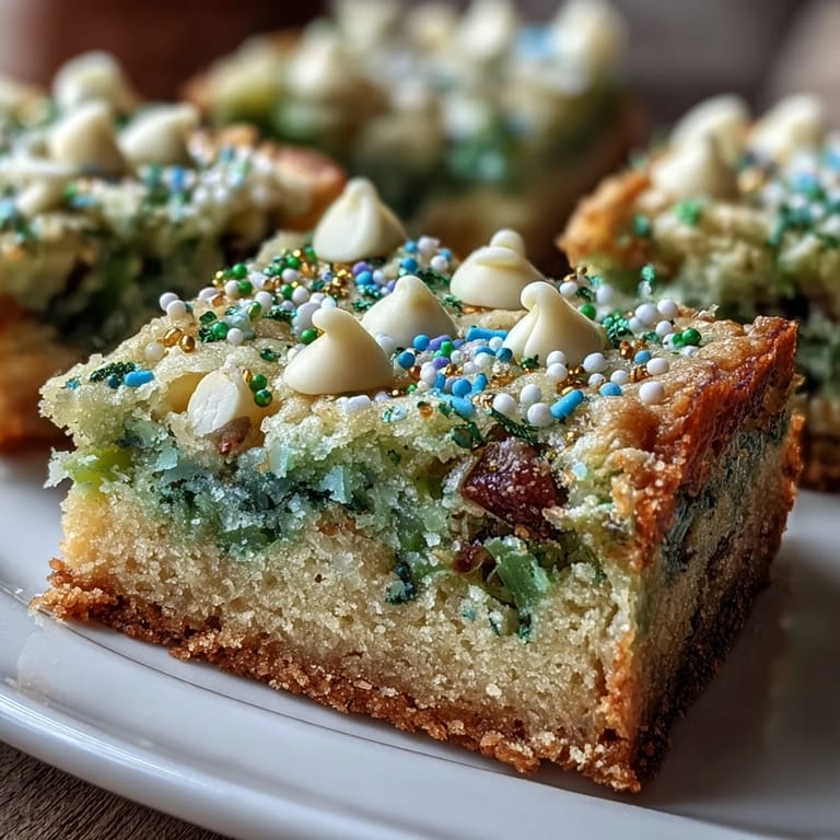 Buttery, chewy St. Patrick's Day cookie bars bursting with rainbow sprinkles and white chocolate in every bite.  