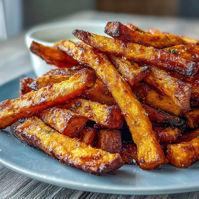 Golden brown sweet potato fries made in the air fryer, paired with zesty garlic aioli for a flavorful, gluten-free treat.  