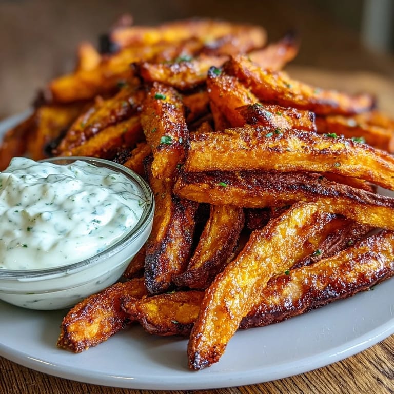 Air-fried sweet potato fries with smoky paprika, served hot with a tangy garlic aioli for a delicious vegetarian appetizer.