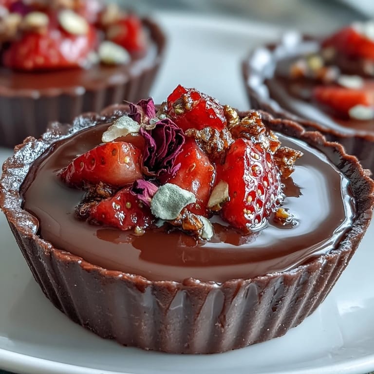 Elegant Middle Eastern dessert featuring dark chocolate cups brimming with fresh strawberries, rosewater-infused filling, and a fragrant pistachio crunch for added texture.