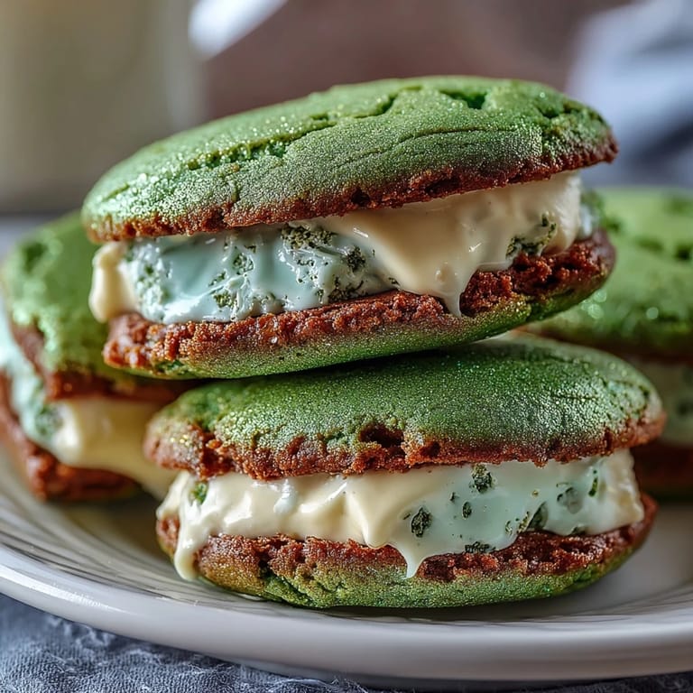 Vibrant green sugar cookies with creamy vanilla frosting filling, coated in green sanding sugar for a sparkly holiday treat.