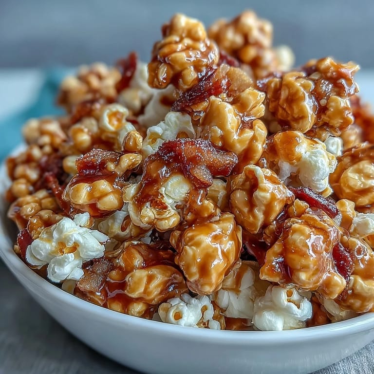 Crispy caramel candy apple popcorn mix with colorful chocolate candies and chopped dried apples.  