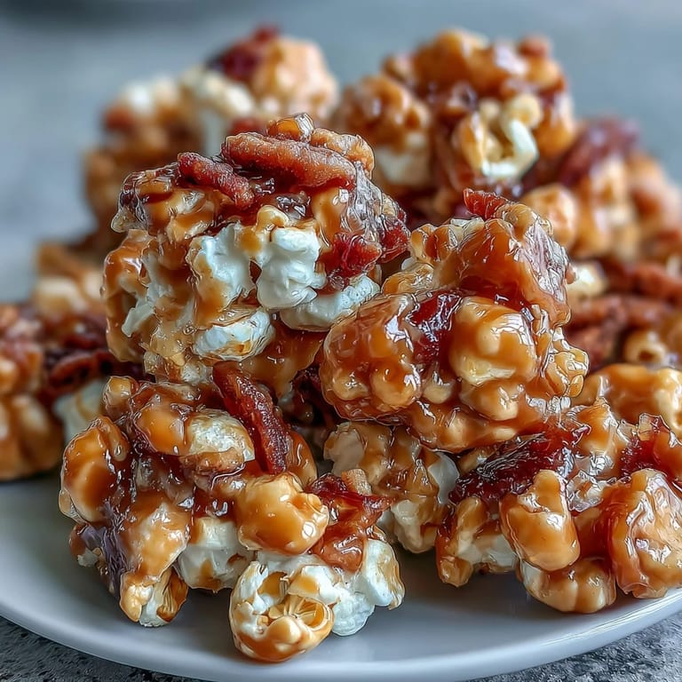 Golden caramel-coated popcorn mix with candy pieces and apple rings, perfect for movie night snacking.