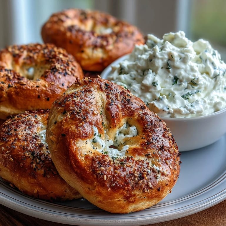 High-protein bagels with Greek yogurt everything dip, baked until golden, served alongside a cool, savory Greek yogurt dip loaded with classic everything bagel flavors.
