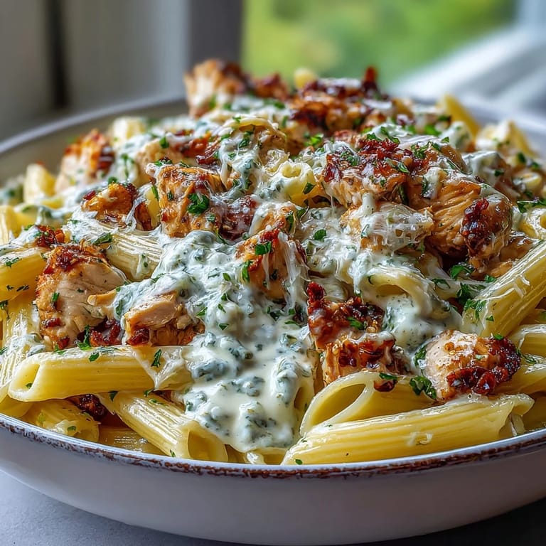 A comforting bowl of Creamy Crockpot Mississippi Chicken Pasta, topped with Parmesan and fresh parsley.