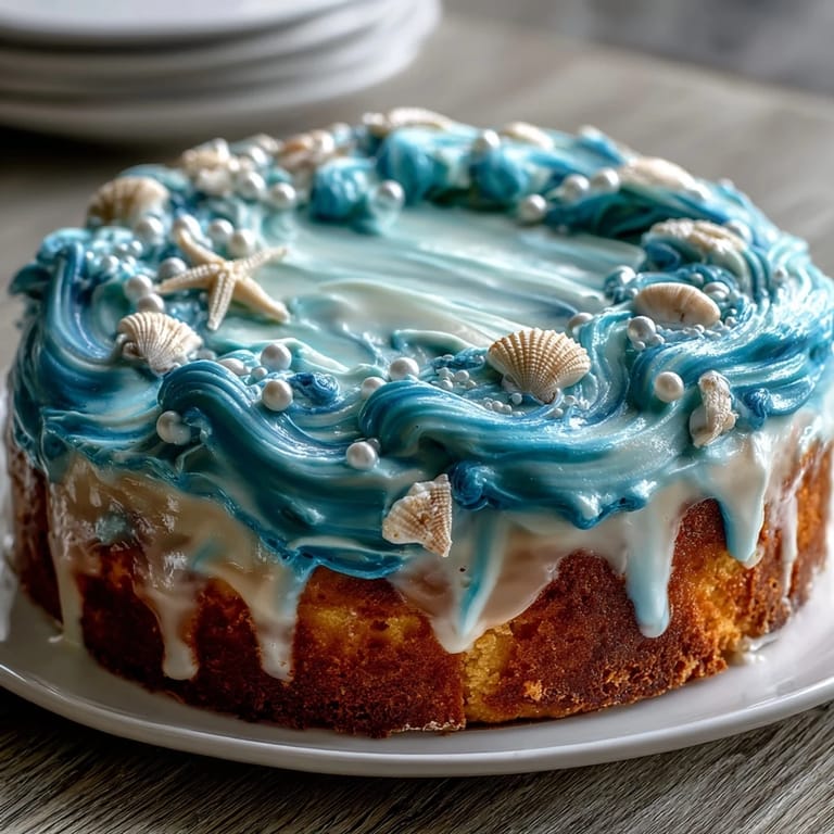Whimsical Pisces Cake Sheet Cake featuring piped ocean waves in gradient blues and shimmering edible pearls for a dreamy, zodiac-inspired dessert.