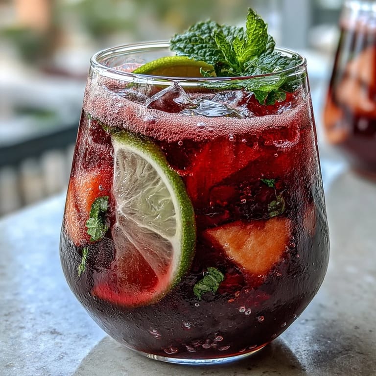 Cool and bubbly watermelon lime sparkling punch, served over ice with fresh mint and lime for a zesty summer drink.