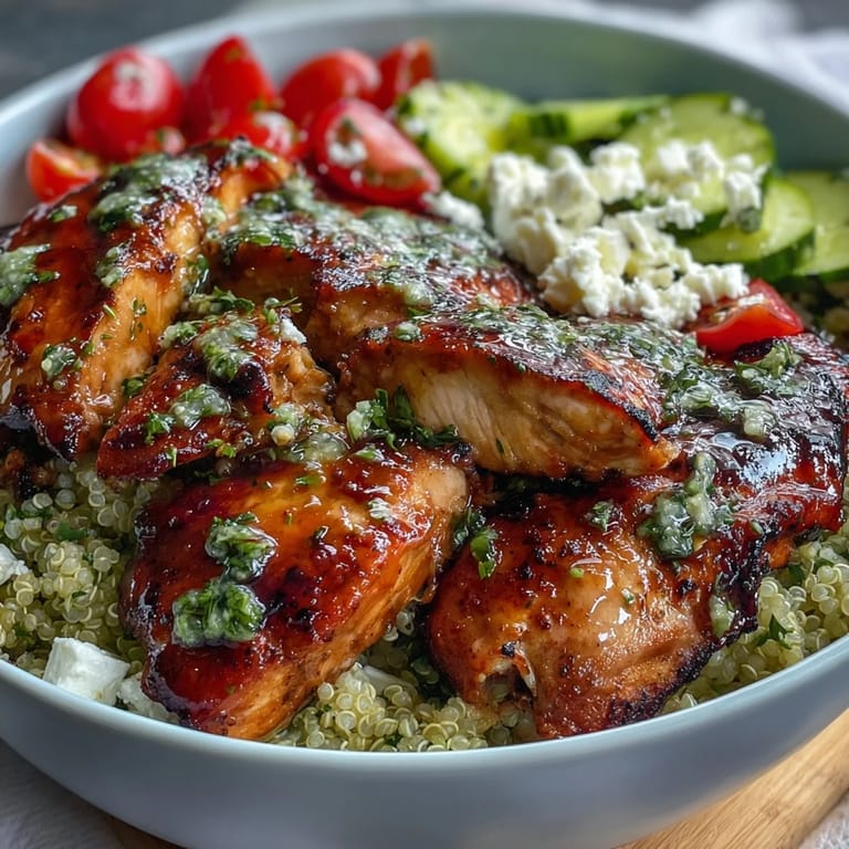 Lemon vinaigrette grilled chicken and veggie bowl with quinoa, greens, and colorful vegetables.  