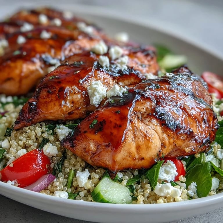 Healthy lemon vinaigrette grilled chicken and veggie bowl packed with fresh vegetables and herbs.