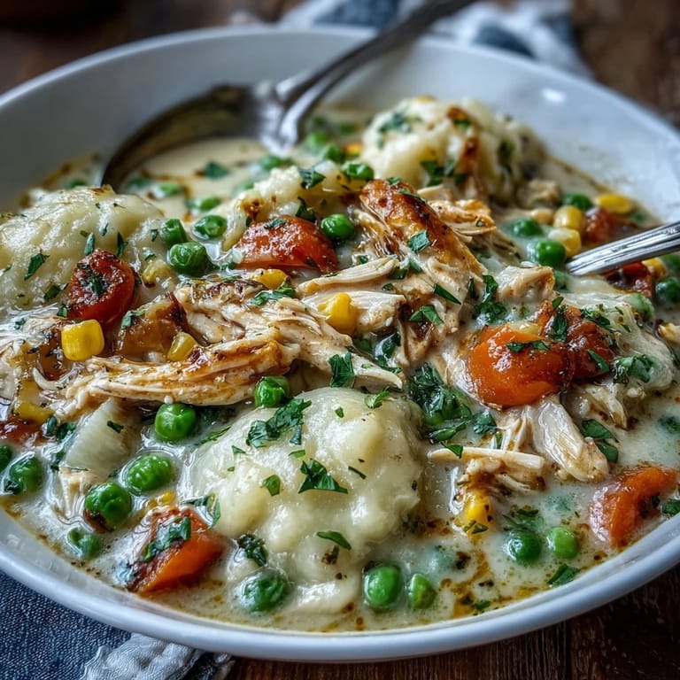 Slow cooker chicken pot pie soup with golden crust topping and hearty vegetables.
