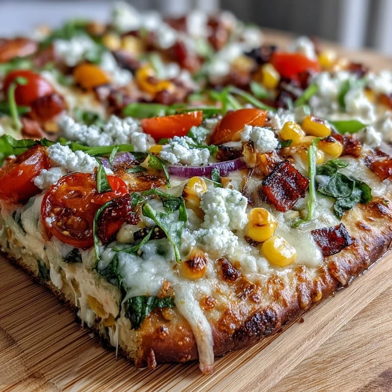 A festive St. Patricks Day flatbread pizza topped with fresh mozzarella, feta cheese, and a rainbow of seasonal vegetables for a healthy celebration.