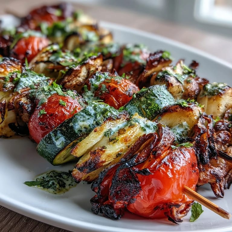 Colorful vegetable skewers char-grilled to perfection, drizzled with bright, herby chimichurri for a burst of flavor.