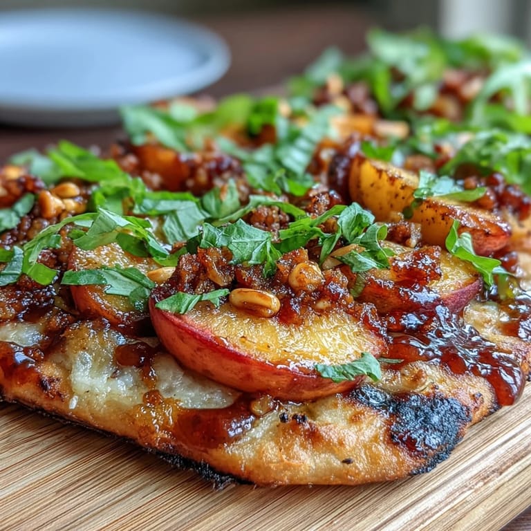 Juicy grilled peaches and creamy Brie melt together on crispy flatbread, finished with fresh basil and honey drizzle.  