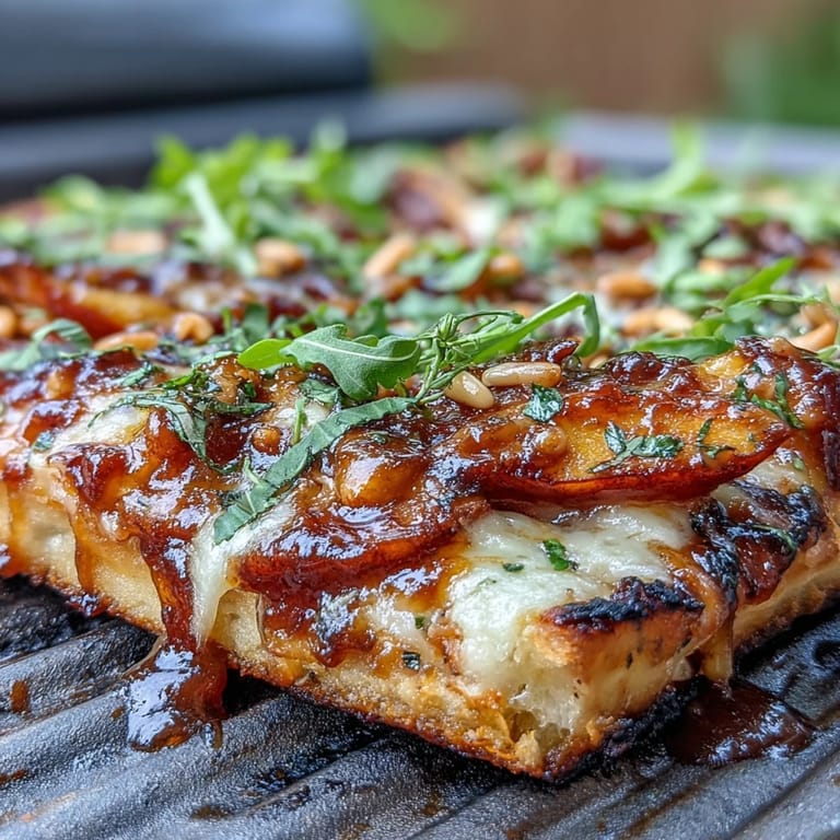 Sweet and smoky BBQ Peach and Brie Flatbread with grilled peaches, melted cheese, and a fresh herb garnish.