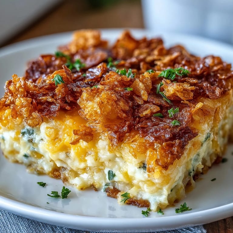 Crispy cornflake crust tops this creamy, cheesy hash brown casserole, a perfect comfort food side dish.