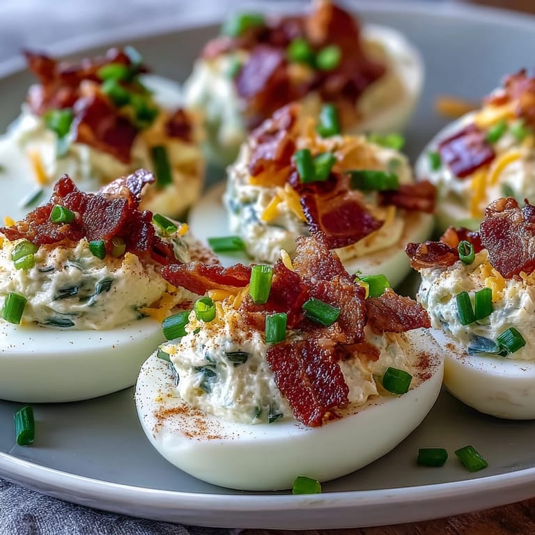 Creamy jalapeño popper deviled eggs stuffed with tangy cream cheese, sharp cheddar, and smoky bacon crumbles.