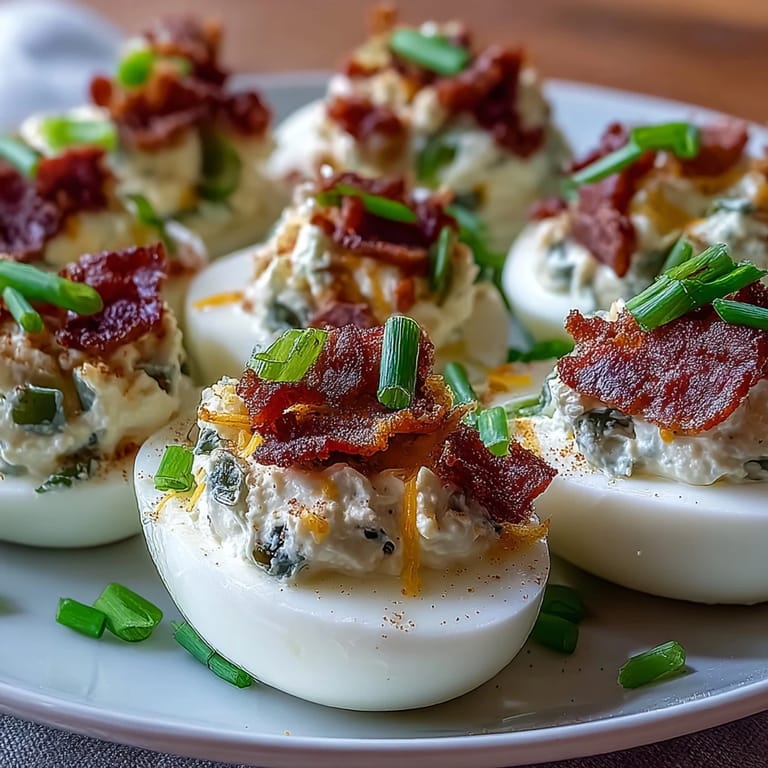 Vibrant jalapeño popper deviled eggs topped with fresh jalapeño slices and chives for a zesty appetizer.
