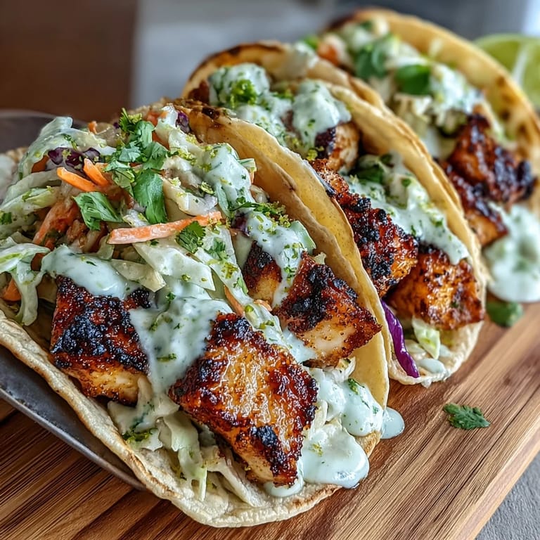 Zesty grilled fish tacos bursting with coconut lime flavor, topped with crunchy cabbage slaw and drizzled with tangy coconut crema.  