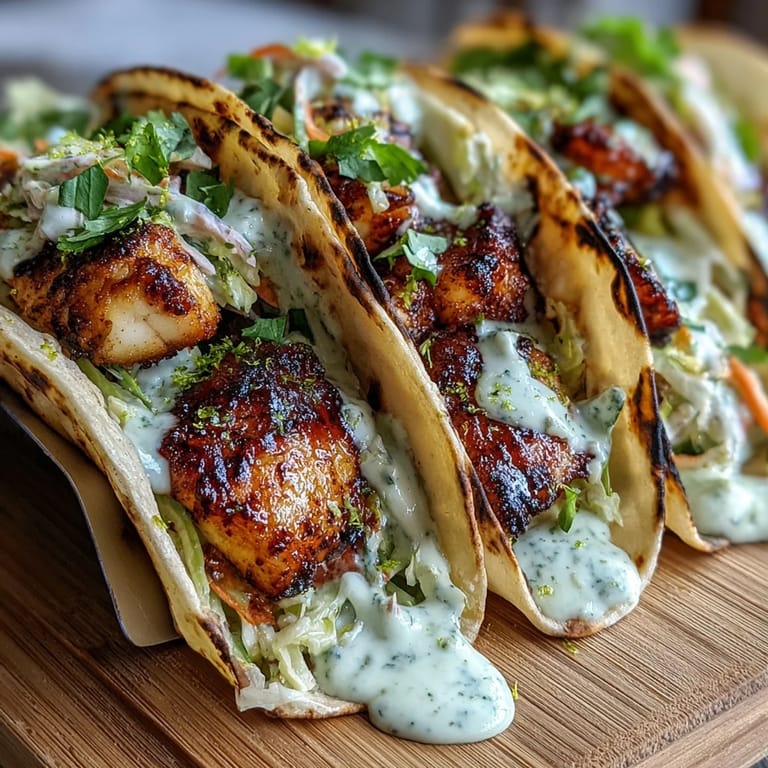 Coconut lime marinated grilled fish tacos served with vibrant cilantro slaw and smooth coconut lime crema, perfect for summer meals.