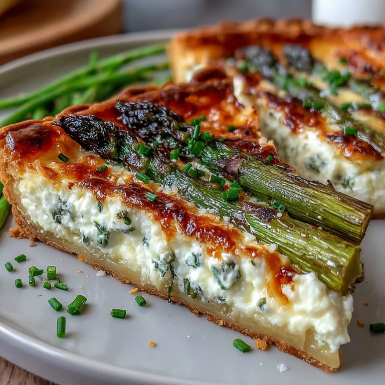 Creamy ricotta filling with fresh lemon zest and Parmesan, baked atop flaky pastry and adorned with vibrant green asparagus for a light vegetarian dish.