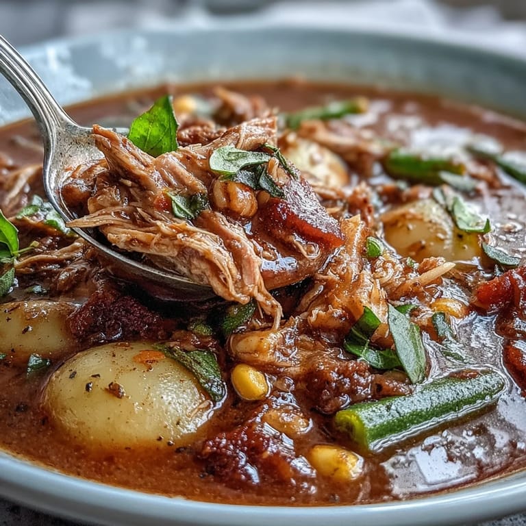 Rich and smoky Kentucky Derby Burgoo, a Southern classic slow-simmered with beef, pork, chicken, and seasonal vegetables.  