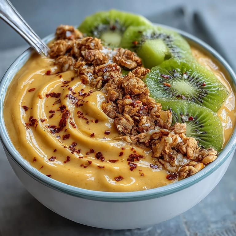 Refreshing smoothie bowl blending sweet mango, tangy lime, and chili heat, topped with fresh kiwi and coconut.  