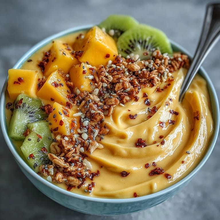 Creamy mango smoothie bowl garnished with diced mango, granola, chia seeds, and a hint of chili for zest.