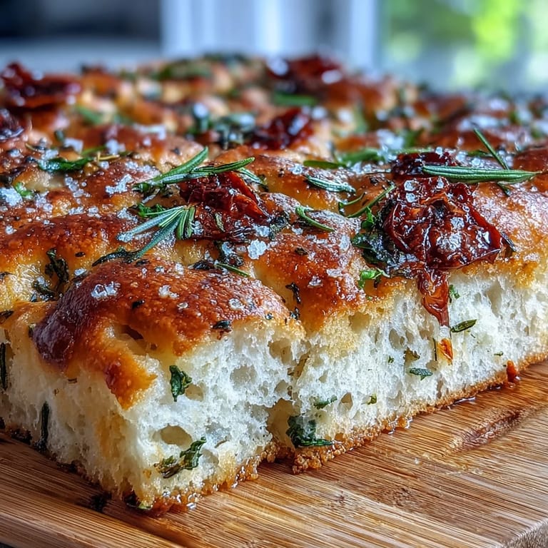 Fluffy Italian focaccia bread topped with vibrant spring herbs, cherry tomatoes, and a sprinkle of flaky sea salt, perfect for sharing at any gathering.
