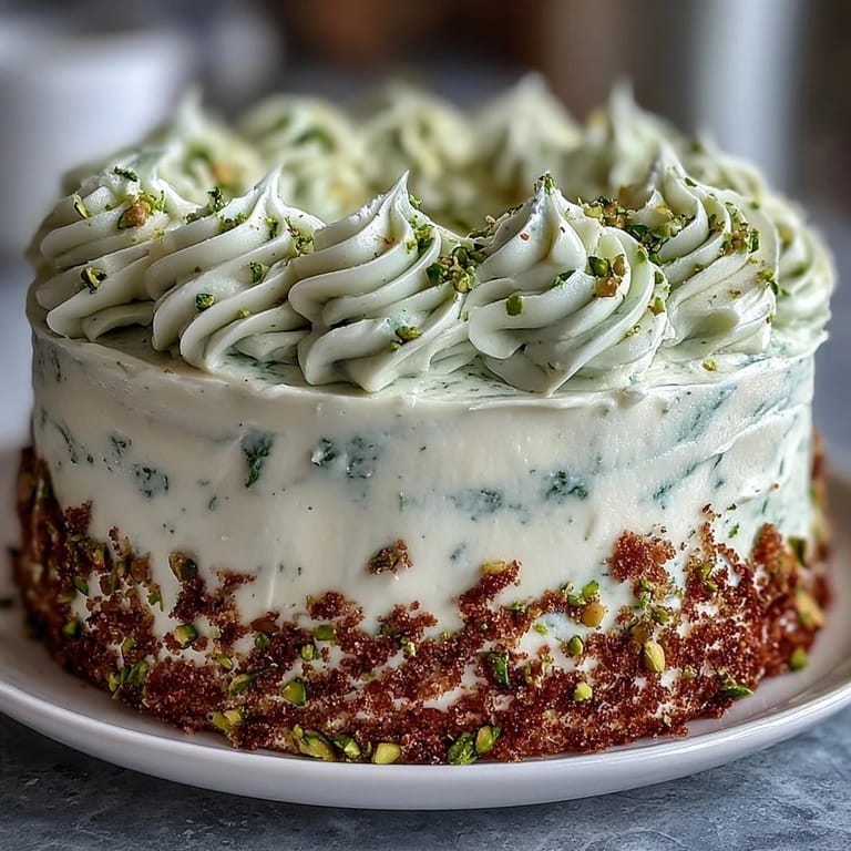 Vibrant lemon cake layers filled with smooth lemon-pistachio frosting and decorated with chopped nuts and edible flowers.
