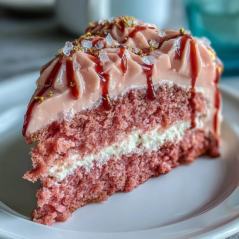 Delectable pink velvet cake, infused with rosé, boasts a creamy frosting and gold accents.