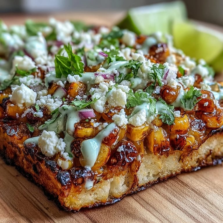 Golden charred corn and creamy cotija top crispy flatbread with zesty jalapeño crema, a Mexican-inspired party favorite.
