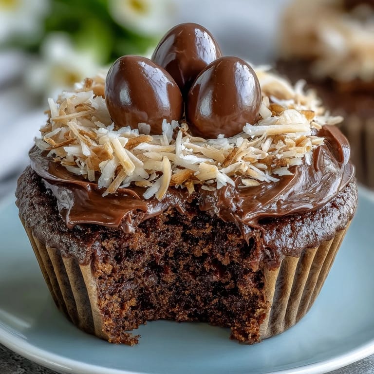 Moist chocolate cupcakes decorated as charming bird nests, filled with colorful candy Easter eggs for a festive dessert.  