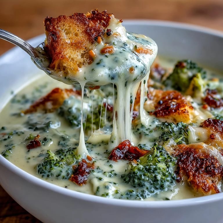 Homemade broccoli cheddar soup with smooth texture, loaded with fresh broccoli and sharp cheddar, served alongside crusty bread for dipping.