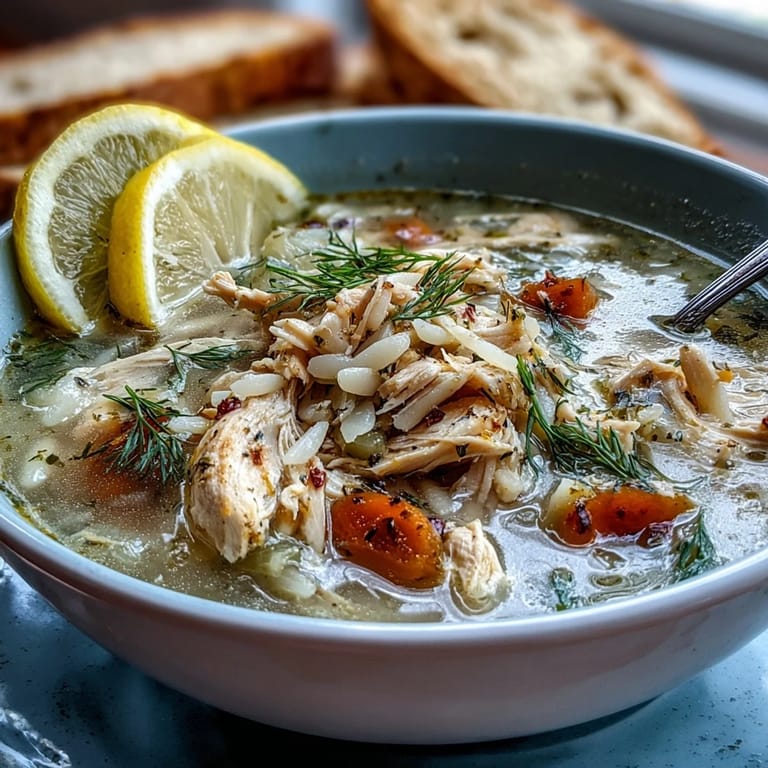 Silky avgolemono-style soup featuring juicy chicken, aromatic vegetables, and fresh herbs in a comforting lemon-infused broth.  