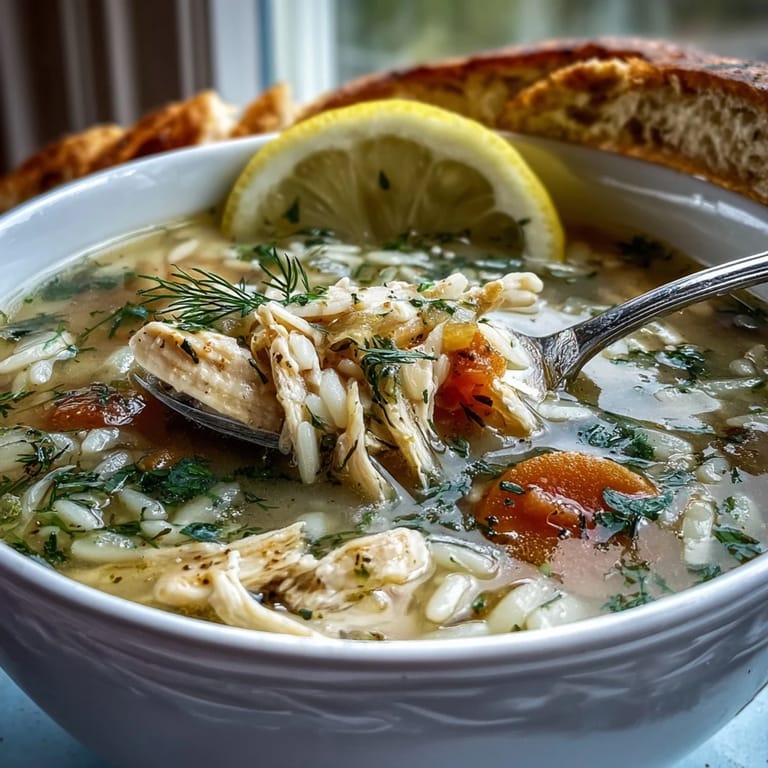 Hearty bowl of Greek lemon chicken soup with orzo, vegetables, and zesty lemon, perfect for a cozy meal.
