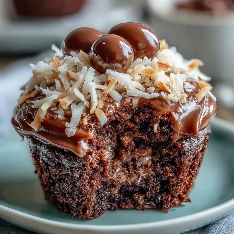 Festive Easter nest cupcakes with chocolate frosting and shredded coconut, each topped with mini candy-coated chocolate eggs.