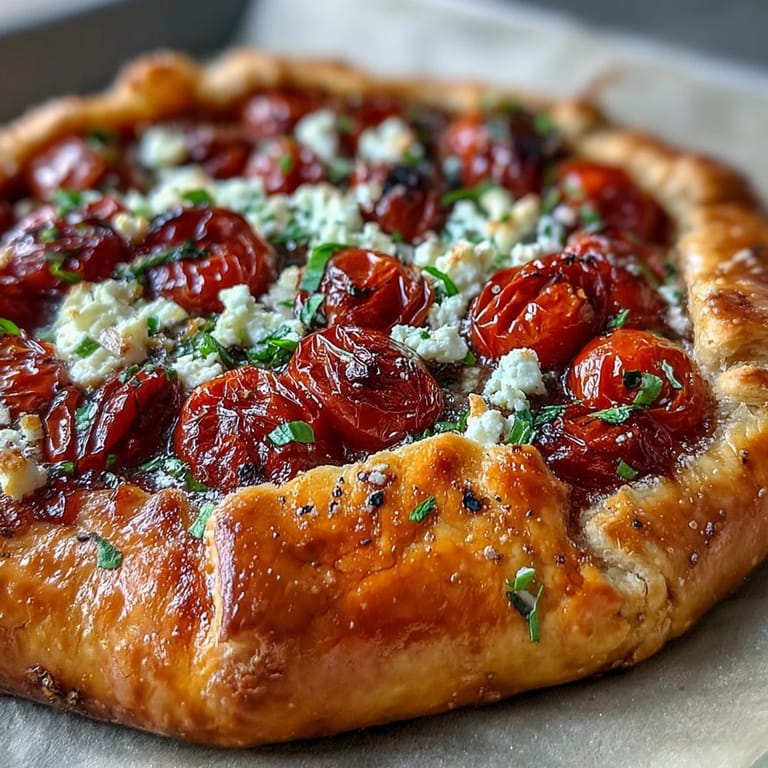 Golden baked galette featuring vibrant cherry tomatoes and savory feta cheese.