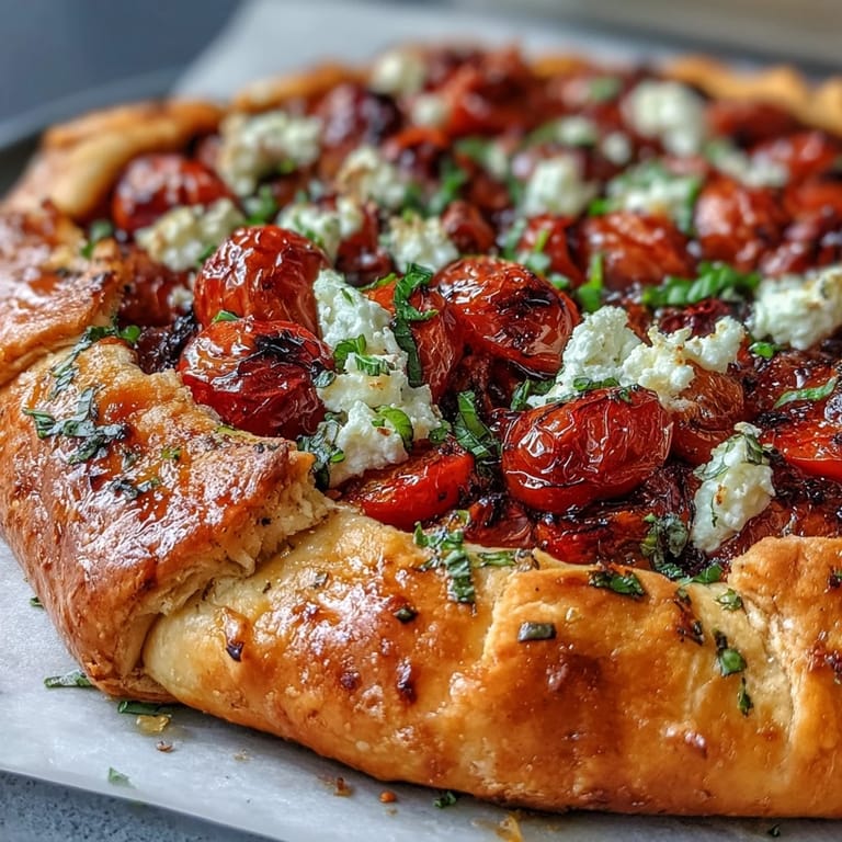 Savory roasted cherry tomato feta galette, a buttery flaky pastry delight.