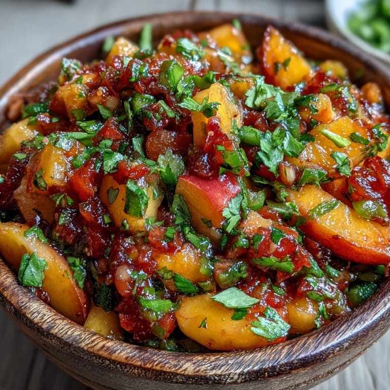 Ficy Peach Jalapeño Salsa, loaded with summer peaches, ready for serving.