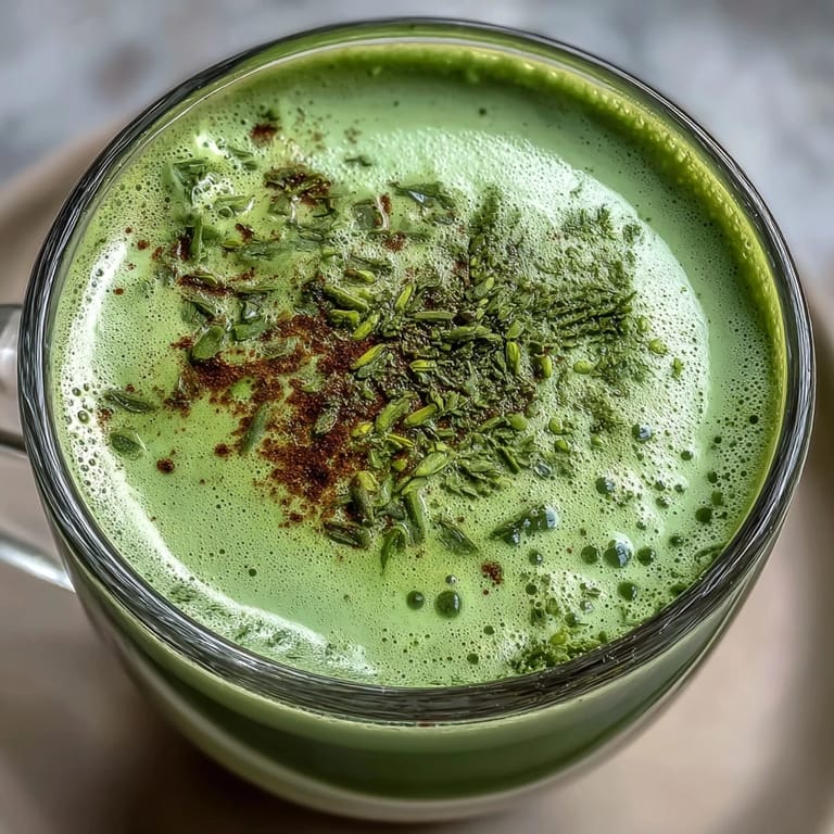 A mug of beautiful green Matcha Oat Milk Latte, easy vegan coffee alternative.