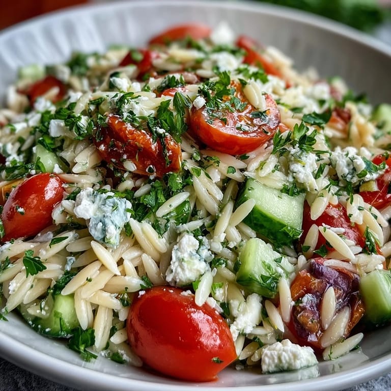 Vibrant Summer Orzo Salad featuring crumbled feta, perfect for a light, zesty lunch.