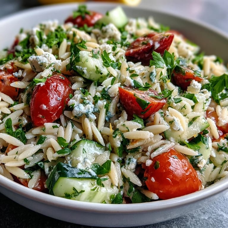 Mediterranean-inspired Summer Orzo Salad, a colorful dish showcasing plump tomatoes and olives.