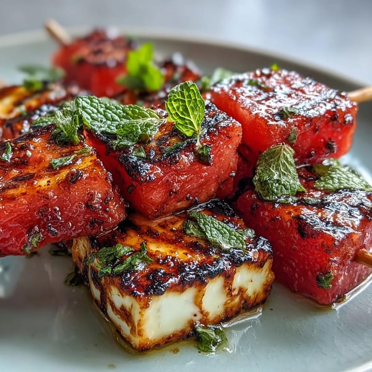 Salty grilled halloumi watermelon skewers with fresh mint, perfect for appetizer platters.