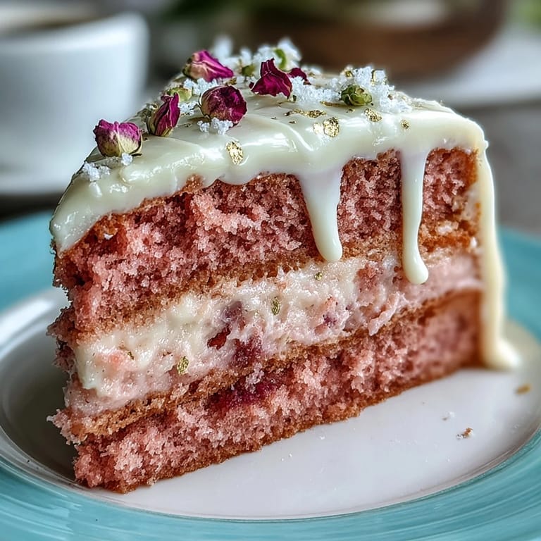 Pink velvet cake with rosé wine and a stunning shimmering gold drizzle for celebrations.
