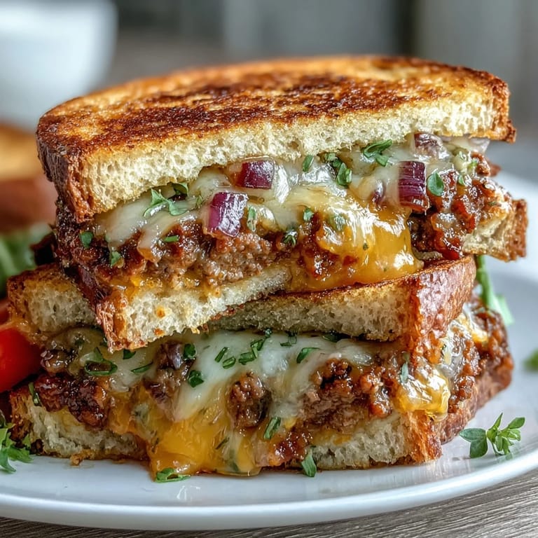 Gooey Cheeseburger Grilled Cheese featuring seasoned beef and sliced pickles, ready to eat.
