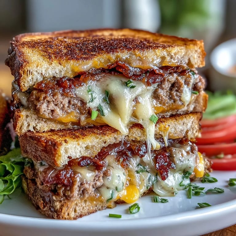 Comfort food: Golden brown Cheeseburger Grilled Cheese stuffed with savory beef and veggies.