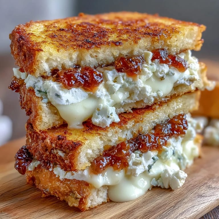 Close-up of a warm fig jam and goat cheese grilled cheese, perfectly golden brown.