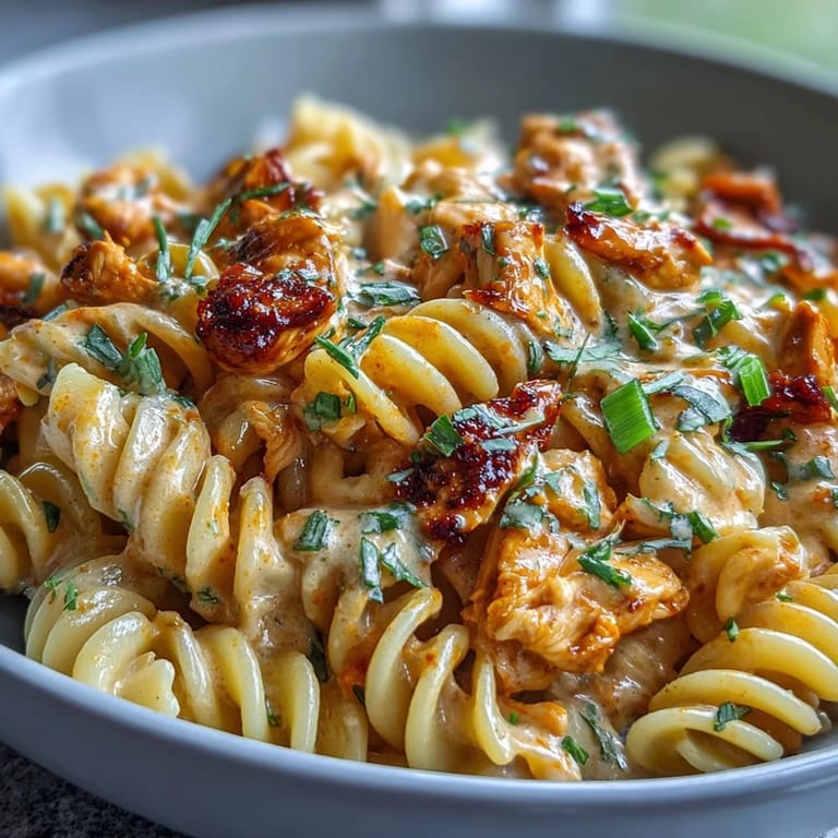 Visuals of the no-bake buffalo chicken pasta, creamy with tender chicken and vibrant toppings.